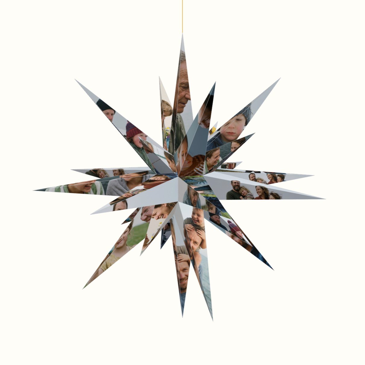 A finished paper star with a picture on every point